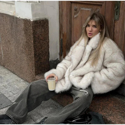 maoxiangshop  -  Solid Fluffy Faux Fur Thick Coat Women Fashion Warm Lapel Long Sleeve Short Jacket 2024 Autumn Winter Lady High Street Outerwear