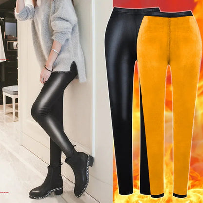 maoxiangshop Winter Warm Pu Leather Leggings Women Sexy High Waist Thermal Tights Pants Thick Fleece Slim Black Stretchy Pants Leggings