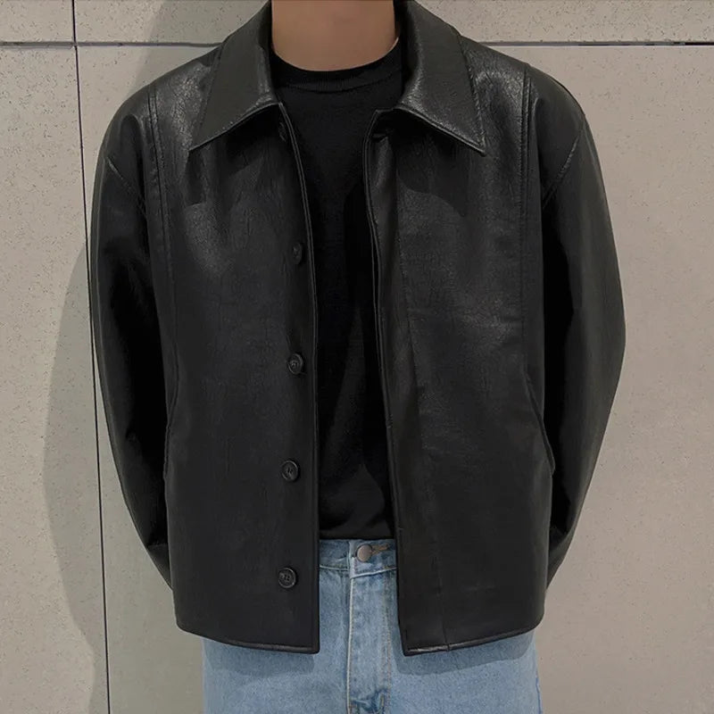 maoxiangshop Short Motorcycle Pu Leather Coat Trend Men's Autumn New Korean Style High End Lapel Loose Jacket Fashion Streetwear