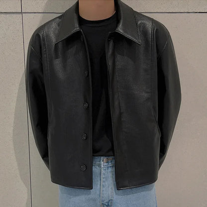 maoxiangshop Short Motorcycle Pu Leather Coat Trend Men's Autumn New Korean Style High End Lapel Loose Jacket Fashion Streetwear