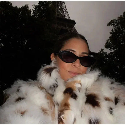 maoxiangshop  -  Dot Leopard Contrast Stand Collar Faux Fur Coat Women Warm Commute Long Sleeve Fluffy Plush Jacket Autumn High Street Outerwear