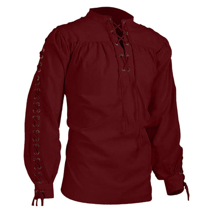 maoxiangshop Shirts Men Tunic Viking Pirate Costume Gothic Clothes Men Vintage Shirt Ruffle Neckline Drawstring Knight Cosplay Top