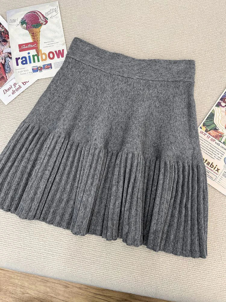 maoxiangshop  -  New Autumn Women's Knitted Three Pieces Sets Chic Office Ladies Pullover Sweater + High Waist Pleated Skirt Suits