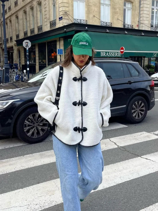 maoxiangshop  -  Fashion Contrast Lamb Wool Jacket  Women Casual Single Breasted Stand Collar Long Sleeves Thick Coat Autumn Winter Lady Outwear