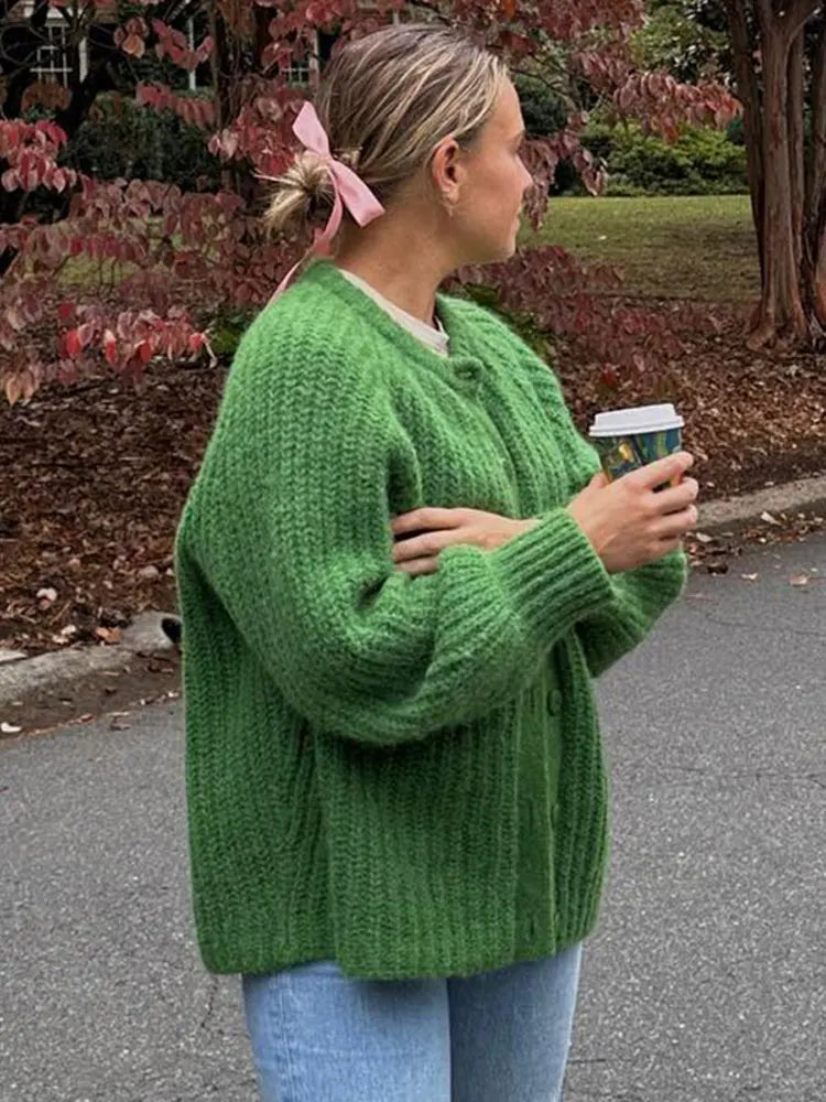 maoxiangshop -  Green Crew Neck Crochet Cardigan For Women Long Sleeve Single Breasted Warm Sweater Autumn Loose Fashion Commute Knitwear