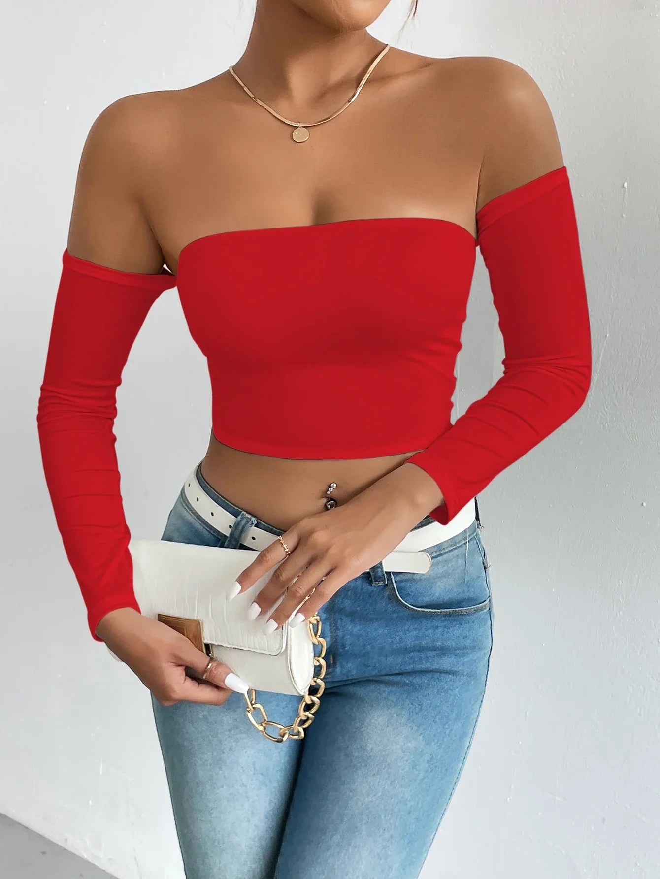 maoxiangshop Off Shoulder Crop T-Shirt, Casual Long Sleeve Top For Spring & Fall, Women's Clothing