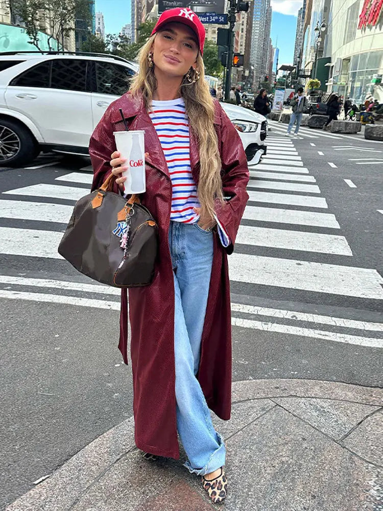 maoxiangshop -  Elegant With Belt Pu Leather Coat Women Turn Down Collar Full Sleeve Split Trench Coats Autumn Red Overcoat High Streetwear