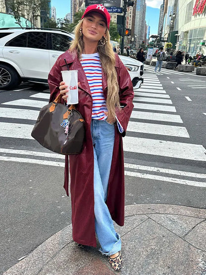 maoxiangshop -  Elegant With Belt Pu Leather Coat Women Turn Down Collar Full Sleeve Split Trench Coats Autumn Red Overcoat High Streetwear