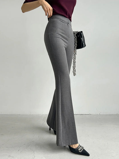 maoxiangshop  -  Elegant Women Grey Flare Suit Pants Loose 2024 Autumn Office Ladies Korean High Waist Pockets Casual  Trousers