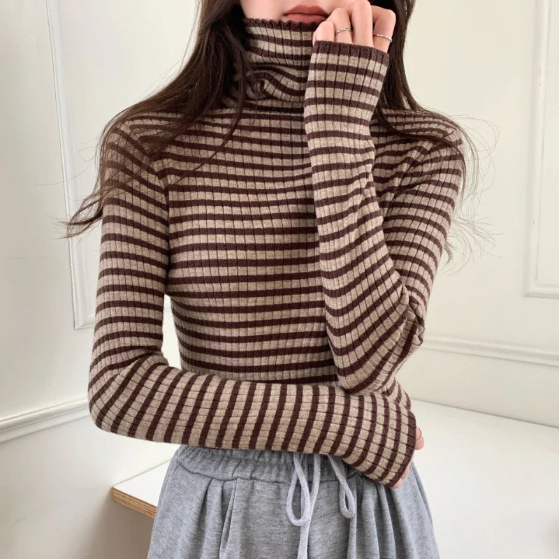 maoxiangshop Women's Striped Turtleneck Sweater Autumn and Winter Knit Sweater Women's Long Sleeve Striped Sweater Turtleneck Sweater