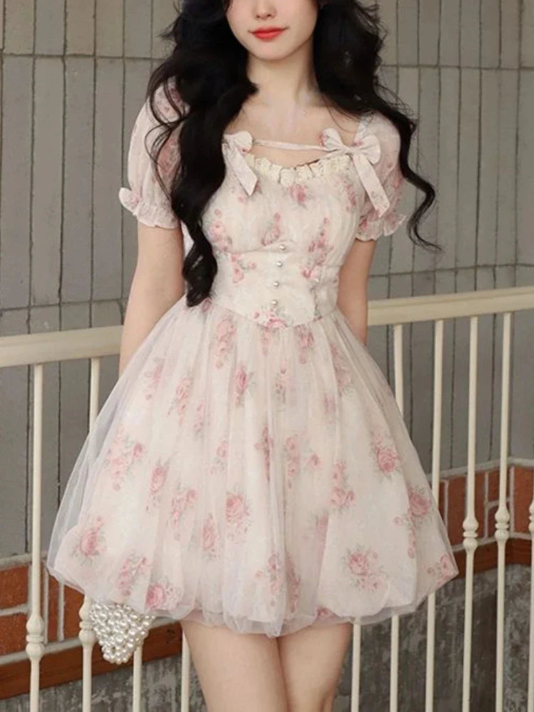 Summer Floral Sweet Mini Dress Women Print French Elegant Fairy Dress Female Korean Fashion Cute Party Mini Dress Summer