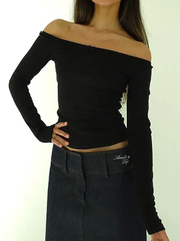 maoxiangshop  -  Bow Lace Patchwork Off Shoulder Crop Top Women Long Sleeve Open Back Slim Versatile Balletcore Autumn T-shirt Hottie Tee