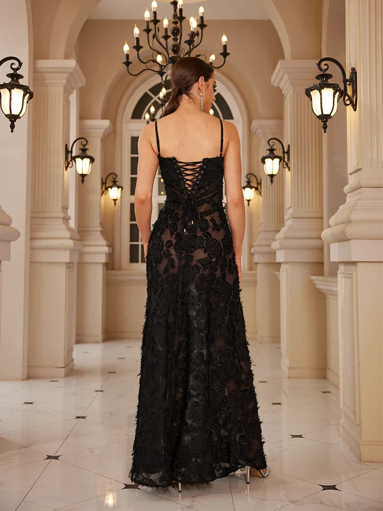 Summer Long Formal Occasion Dresses Maxi Black Appliques Dresses Long Elegant and Beautiful Women Dress