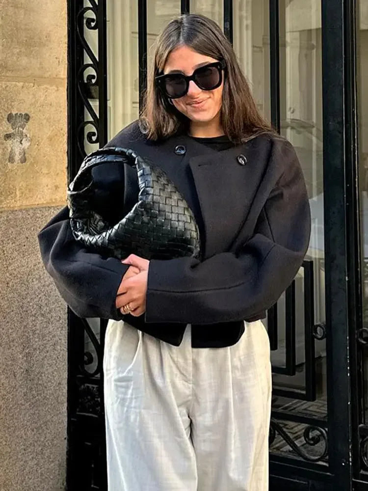 maoxiangshop -  Elegant Autumn O Neck Solid Jacket For Women Fashion Double-breasted Short Coat Winter Female Office Street Lady Casual Overcoat