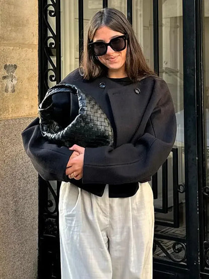 maoxiangshop -  Elegant Autumn O Neck Solid Jacket For Women Fashion Double-breasted Short Coat Winter Female Office Street Lady Casual Overcoat
