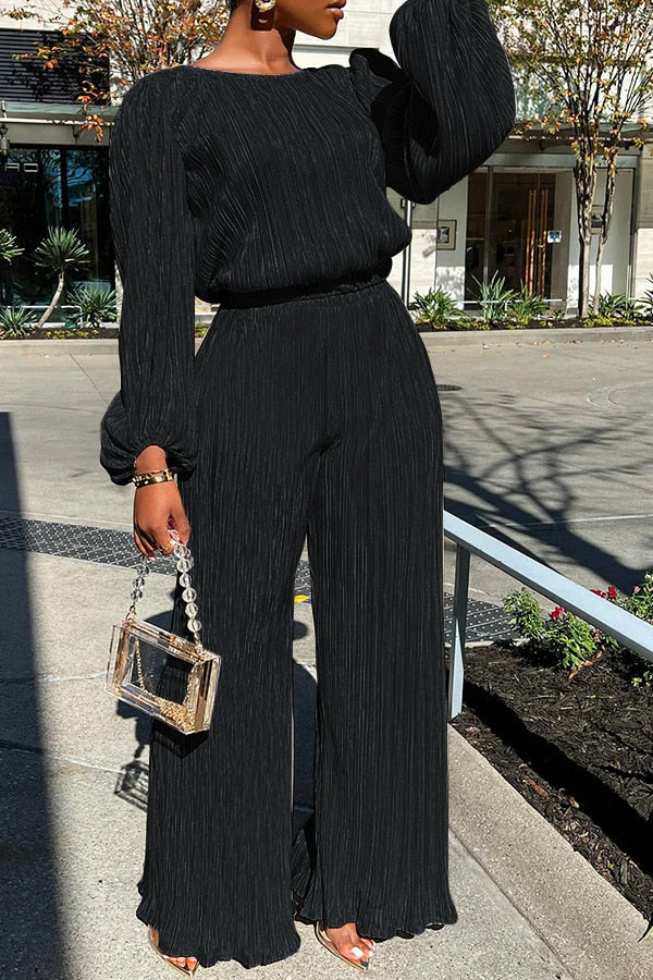 Two Piece Pleated Outfits for Women Casual Crewneck Long Sleeve Loose Fit Top and Wide Leg Palazzo Pant Suit Tracksuit