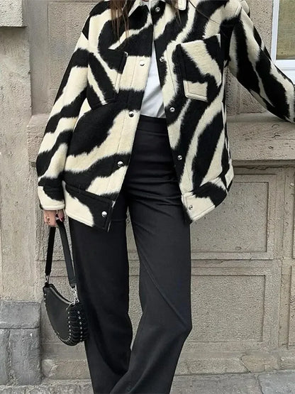 maoxiangshop  -  Women Elegant Zebra Printed Single Breasted Jacket Fashion Lapel Long Sleeves Loose Coat Autumn Chic Lady Commuting Outerwear