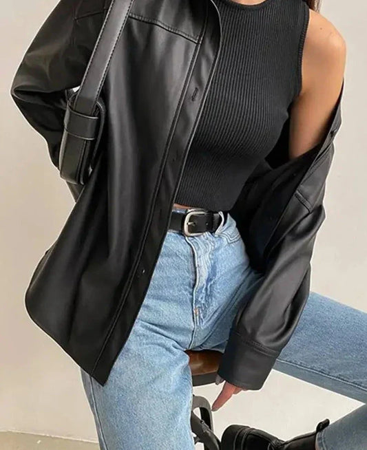 maoxiangshopCelmia Women PU Leather Jackets 2023 Autumn Long Sleeve Lapel Outerwear Casual Street Overshirts Fashion Faux Leather Black Tops