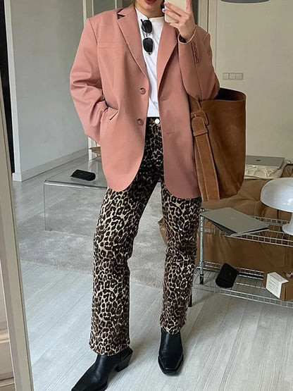 maoxiangshop  -  Leopard Printed Long Pants Women's 2024 Spring Autumn Slim Single Button Pencil Trousers Female Stylish High Waist Ladies Pants