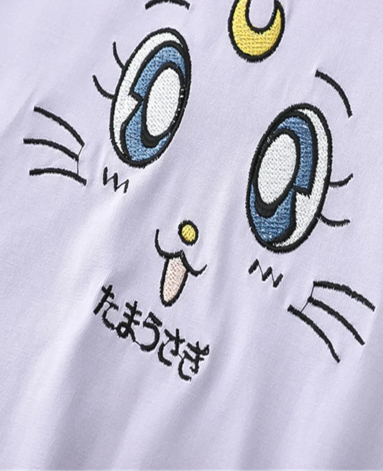 maoxiangshop Purple Cartoon Embroidery Kawaii Hoodies Cotton Hooded Sweatshirt Women Summer Sweet Style Korean Female Short Sleeve Tops