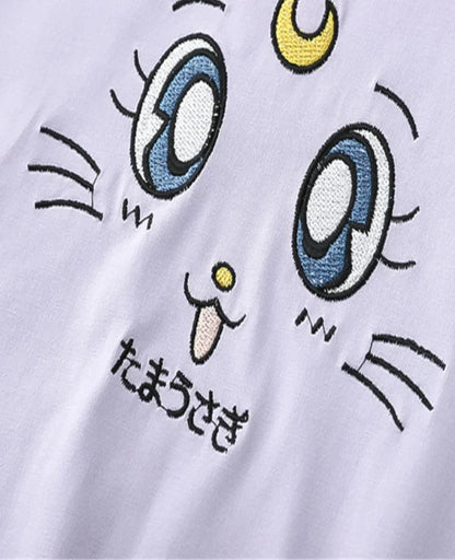 maoxiangshop Purple Cartoon Embroidery Kawaii Hoodies Cotton Hooded Sweatshirt Women Summer Sweet Style Korean Female Short Sleeve Tops