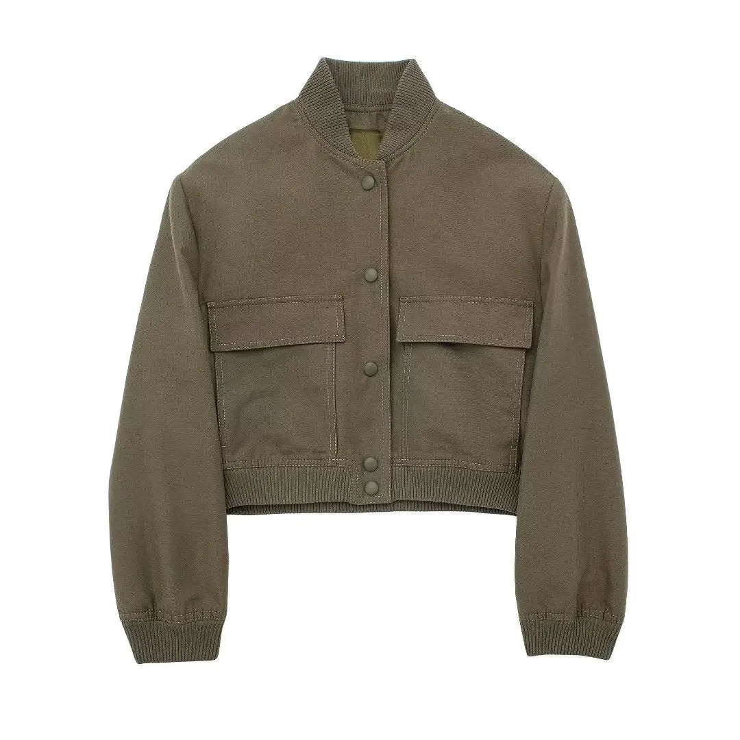 maoxiangshop  -  Y2K Style Jacket Women New Autumn Big Pocket French Jacket Coat Women Solid Color Single-breasted Baseball Outerwear Tops