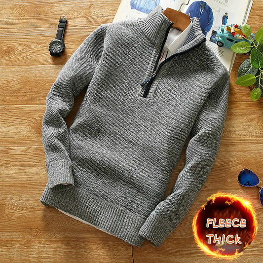 maoxiangshop Winter Men's Fleece Thicker Sweater Half Zipper Turtleneck Warm Pullover Quality Male Slim Knitted Wool Sweaters for Spring