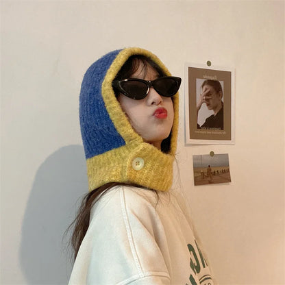 maoxiangshop Japanese Retro Balaclava Hat Winter Women Scarf Hat Set Neck Cold Proof Warm Knit Cap Female Fashion Color Matching Women's Hats