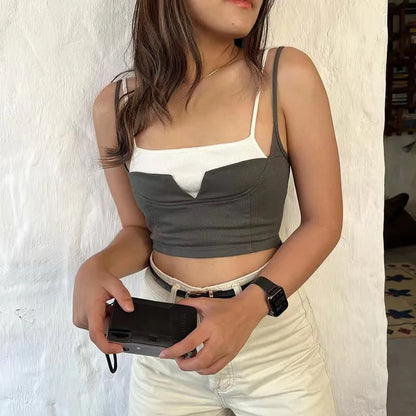 maoxiangshop -  y2k clothes crop top women tanks & camis cute top pink korean fashion tops for women fake 2 pieces black halter top Summer 2024