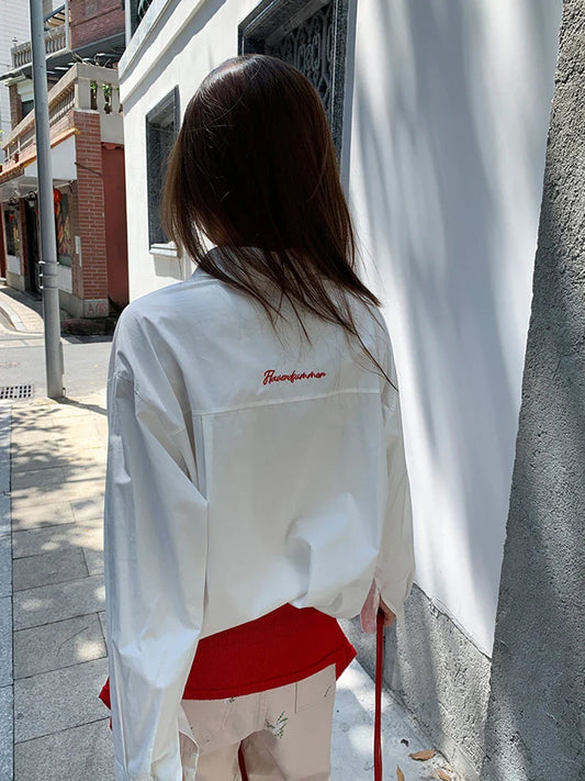 maoxiangshop  -  Letter Embroidered Blouse Women Autumn New Single Breasted Lapel Collar Blouses Chic Casual Fashion Long Sleeve Shirt Outerwear