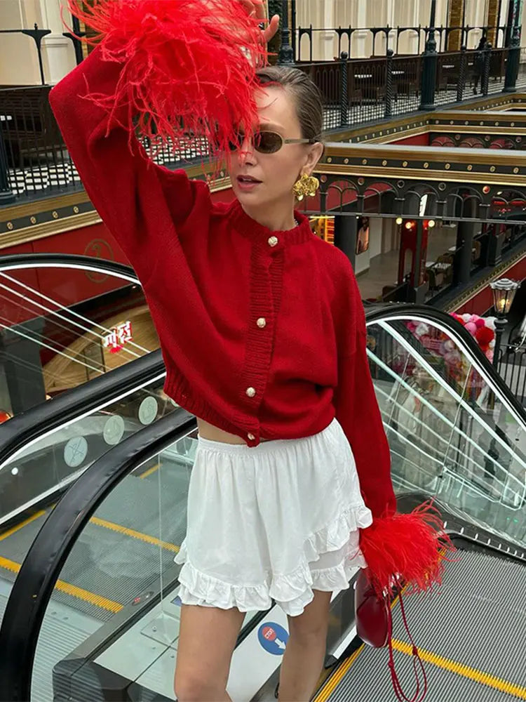 maoxiangshop  -  Women Luxury Velvet Patchwork Long Sleeve Red Sweater Elegant O Neck Single Breasted Crop Cardigan Autumn Lady Warm Knitwear