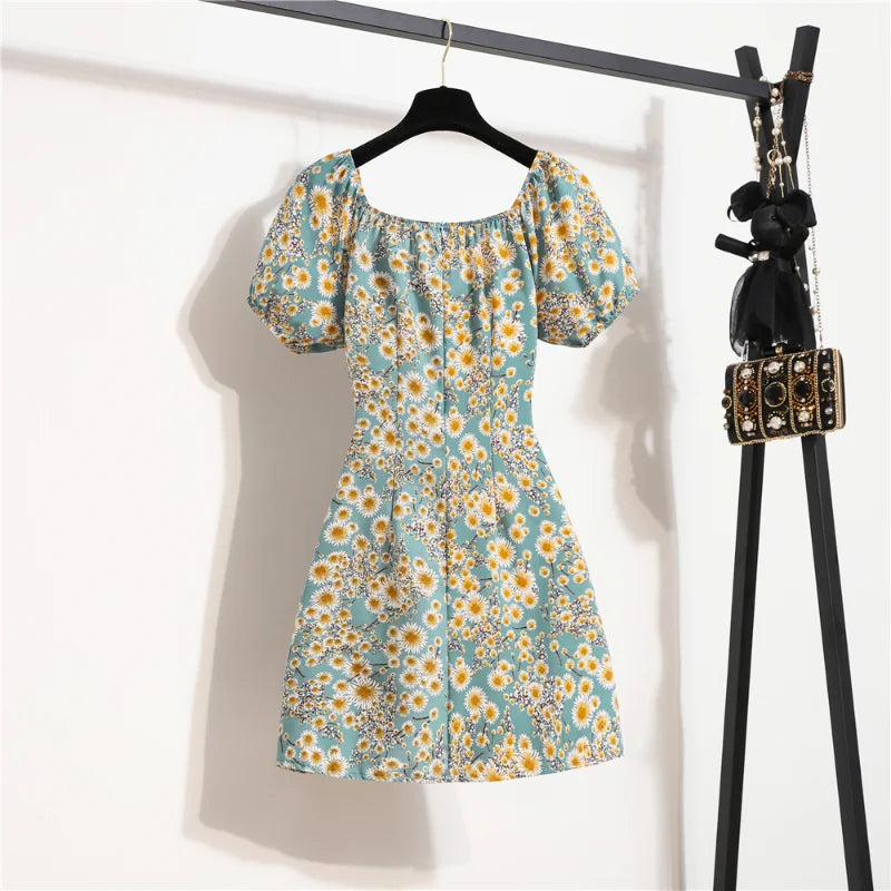 maoxiangshop Women Mini Dresses Summer Fashion Female Vestidos Print Floral Chiffon Dresses Shirring Pleated Short Puffy Sleeve Casual Dress