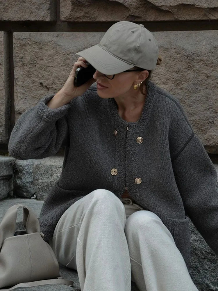 maoxiangshop -  Elegant Solid Lambwool Buttoned Coats Fashion Autumn Long Sleeve O Neck Warm Top Winter Office Ladies Pocket Outwear