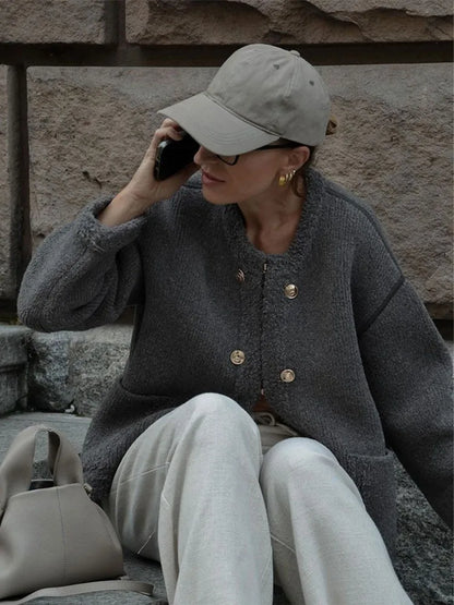 maoxiangshop -  Elegant Solid Lambwool Buttoned Coats Fashion Autumn Long Sleeve O Neck Warm Top Winter Office Ladies Pocket Outwear