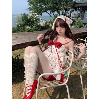 maoxiangshop  -  Cute Girl Sweet Bow Lace Splice Camisole Top Red Slimming Pumpkin Shorts Set Summer New Beach Style Two Piece Sets Women Outfits