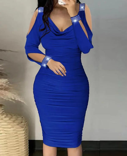 maoxiangshop Autumn Sexy Elegant Off Shoulder Party Tight Dress Women Fashion V-Neck Hollow Out Diamond Long Sleeve Stacked Slim Dress Women