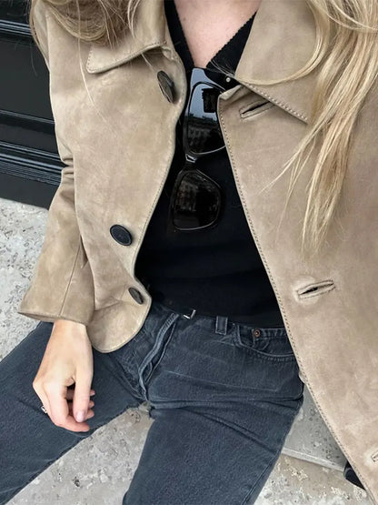 maoxiangshop  -  Autumn Chic Lapel Long Sleeve Cropped Coats Chic Single Breasted Solid Lady Leather Jacket Female High Street Outercoat Tops
