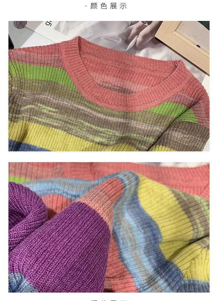 maoxiangshop Rainbow Sweater Women Super Soft Stretchy Multicolor Striped Knit Striped Jumper Pullover Female Spring Autumn Knitwear