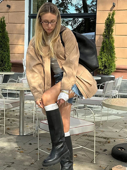maoxiangshop  -  Casual Leather Lapel Jackets Women Vintage Khaki Zipper Pockets Jacket Coat Female Autumn Winter Chic High Street Outwear
