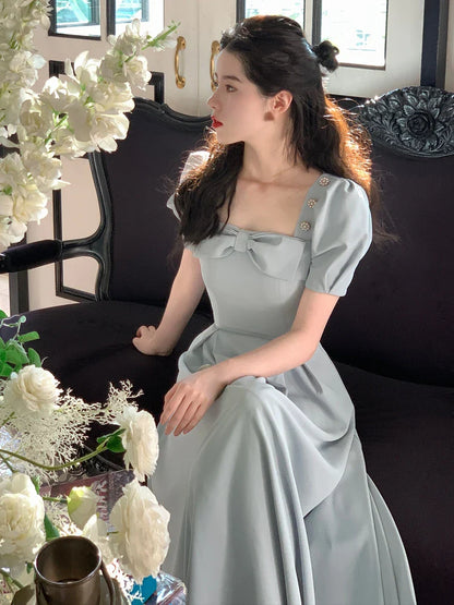 Summer Elegant Vintage Fairy Dress Women Bow Pink Sweet Party Midi Dress Casual Retro Korean Dress Female Puff Sleeve Slim