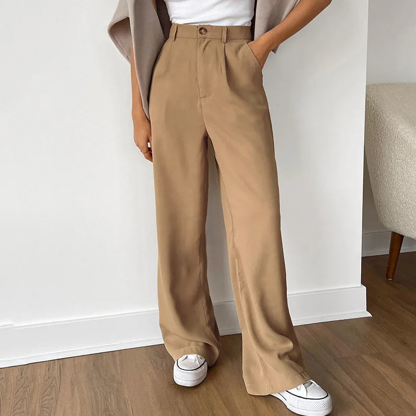 maoxiangshop  -  Solid Fashion Women Maxi Pants Autumn High Waist Straight Loose Button Female Trousers Streetwear Office Lady Suit Pant New