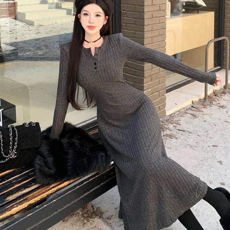 Long Sleeve Dress Women Solid Slim Knit Basic Midi Dress Autumn Winter Elegant All Match Vestidos Female Defined Waist New