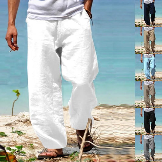 maoxiangshop Men's Cotton Linen Pants Solid Color Male Breathable Trousers Waist Loose Long Pants Men Casual Joggers Fitness Streetwear S-5XL