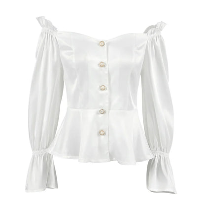 maoxiangshop  -  Elegant Women Shirt 2024 Autumn Winter Satin shirt White Ruffle Hem Buttoned Off Shoulder Strap Long Sleeve Slim Fit Blouse