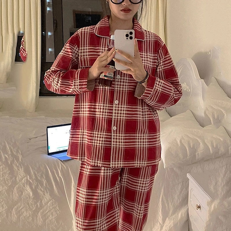 Plaid Christmas Pajamas Women Korean Sleepwear Autumn Pijamas Cute Clothes Pyjamas 2 Piece Pants Sets Loungewear Pj Suit