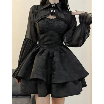 Black Sexy Lolita Dress Women Gothic Vintage Harajuku Halloween Cosplay Costumes Long Sleeve Fairy Dress Women's Two Piece Set