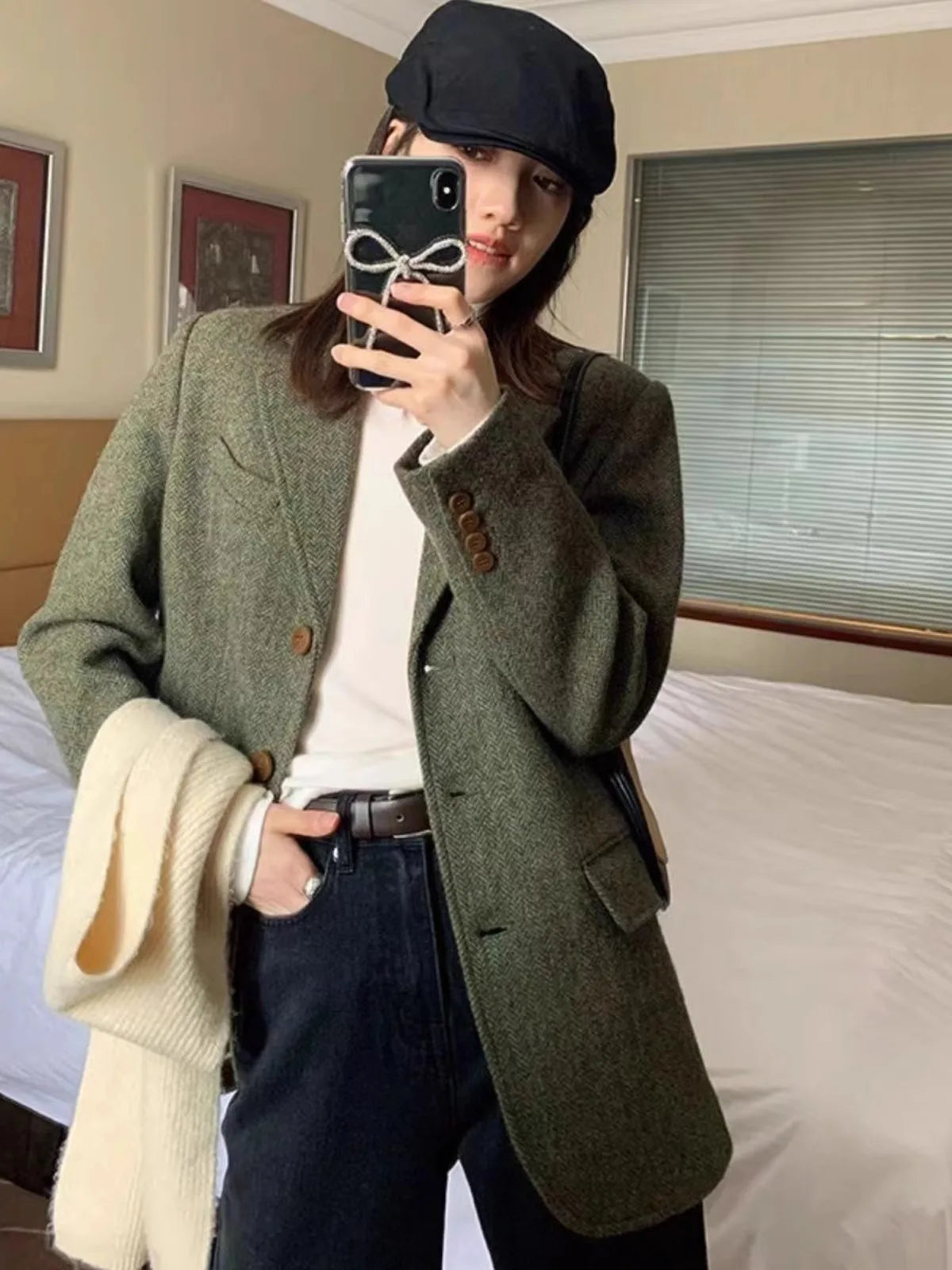maoxiangshop  -  Retro Herringbone Patterned Suit Jacket For Women's Autumn And Winter New Style, High-Quality Loose Wool Jacket