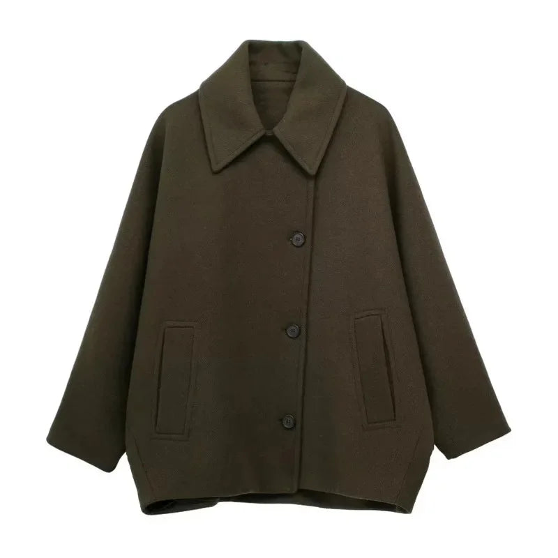 maoxiangshop  -  Vintage Diagonal Breasted Warm Loose Jacket Women Lapel Double Pocket Long Sleeve Solid Tops Outerwear Autumn Winter Female Coat