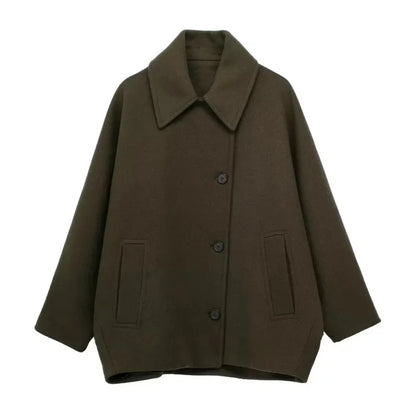 maoxiangshop  -  Vintage Diagonal Breasted Warm Loose Jacket Women Lapel Double Pocket Long Sleeve Solid Tops Outerwear Autumn Winter Female Coat