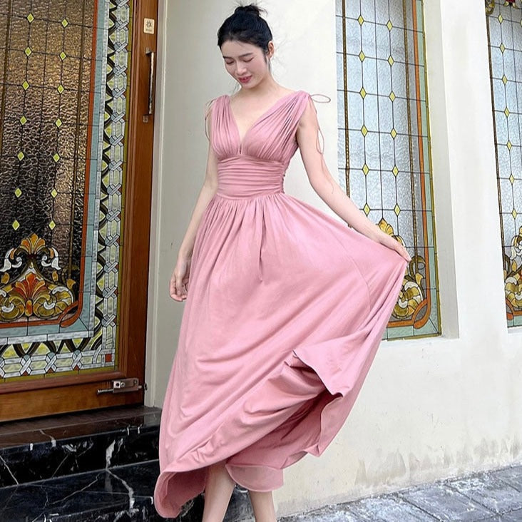 maoxiangshop France Vintage Elegant Party Long Dress Ladies Pink Summer Sexy Beach Boho Dress Women Backless Casual Retro Korean Style Dress